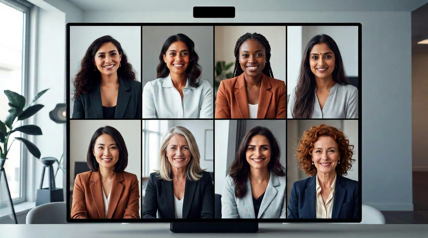 A virtual group coaching call with eight women on camera in a video grid